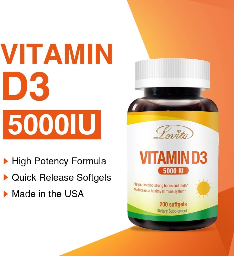 5000 IU Vitamin D3 Softgels | Mini-Size for Easy Swallowing | Bone, Teeth, Muscle, Immune Support | 200 Count Gluten Free
