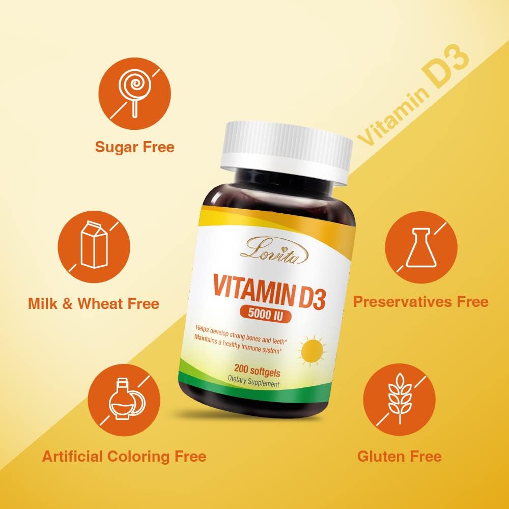 5000 IU Vitamin D3 Softgels | Mini-Size for Easy Swallowing | Bone, Teeth, Muscle, Immune Support | 200 Count Gluten Free