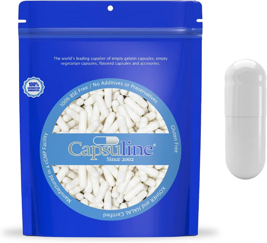 50000 Count Size 0 White/White Empty Gelatin Capsules by Capsuline - Kosher & Halal Certified, Gluten Free - Manufactured in America