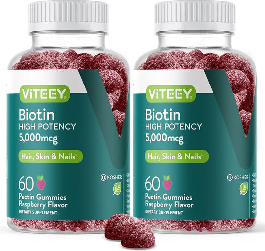 5,000mcg Biotin Gummies for Hair, Skin, Nails - Hair Growth, Healthy Skin, Strong Nails - Vegan & Gluten Free - Raspberry Flavor