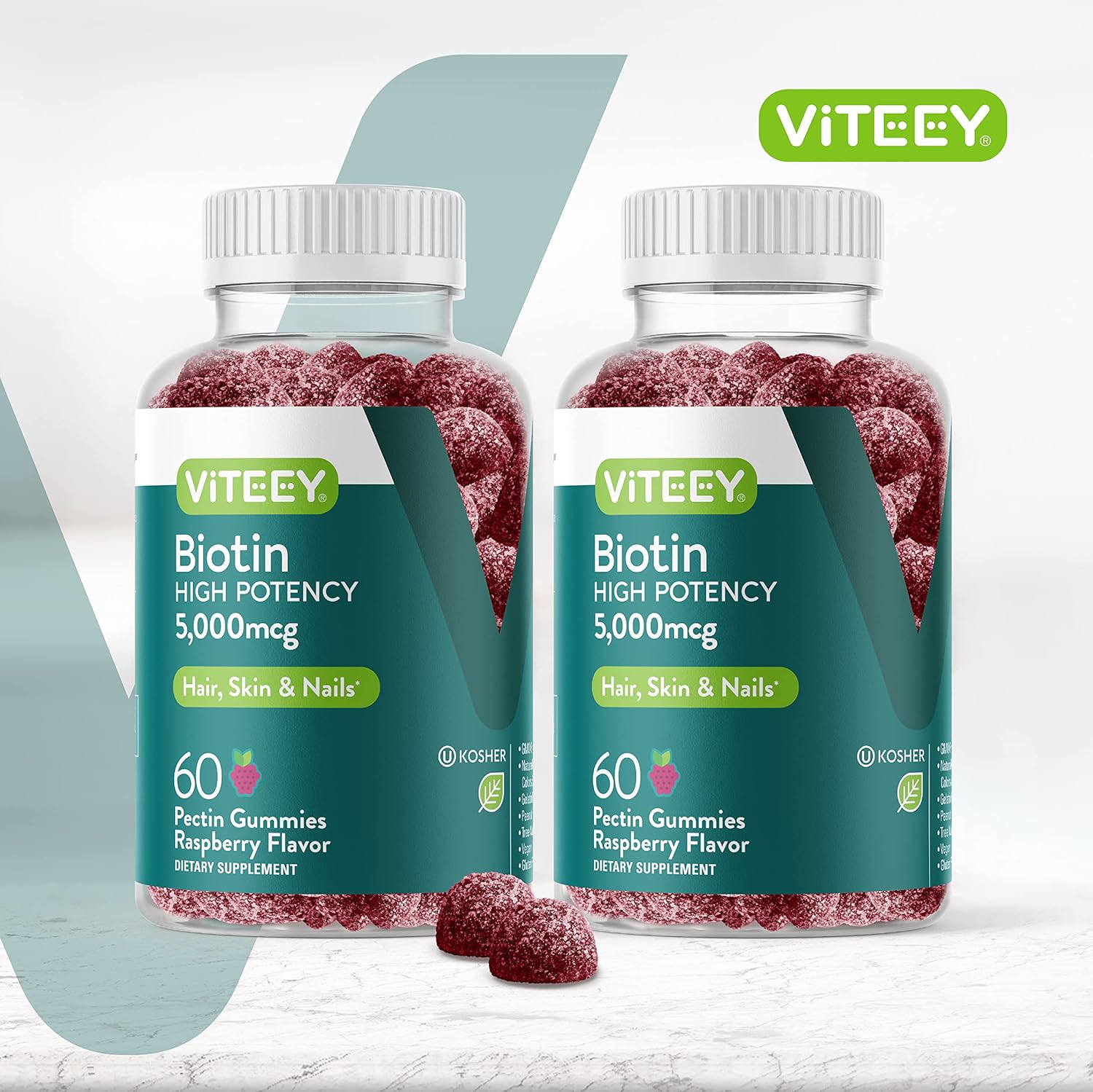 5,000mcg Biotin Gummies for Hair, Skin, Nails - Hair Growth, Healthy Skin, Strong Nails - Vegan & Gluten Free - Raspberry Flavor