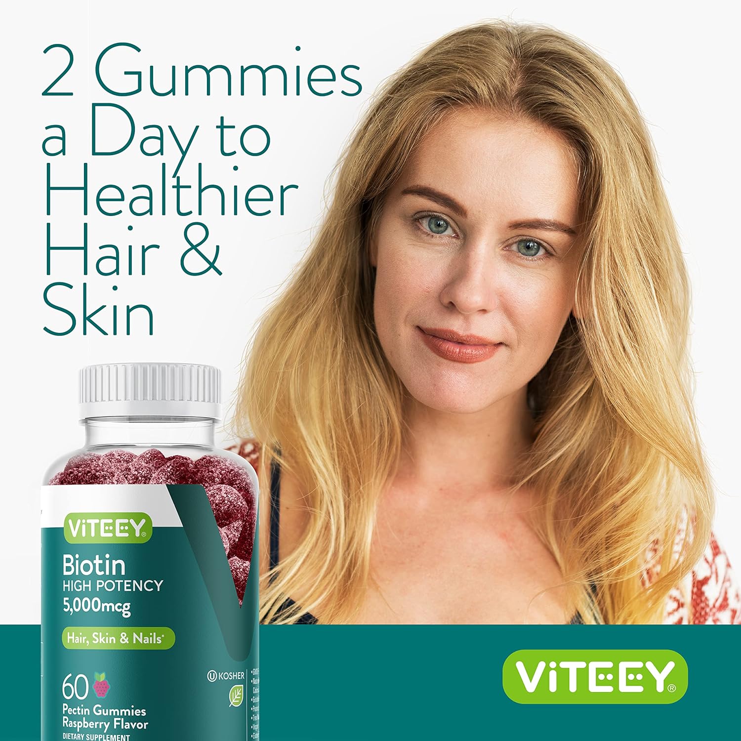 5,000mcg Biotin Gummies for Hair, Skin, Nails - Hair Growth, Healthy Skin, Strong Nails - Vegan & Gluten Free - Raspberry Flavor