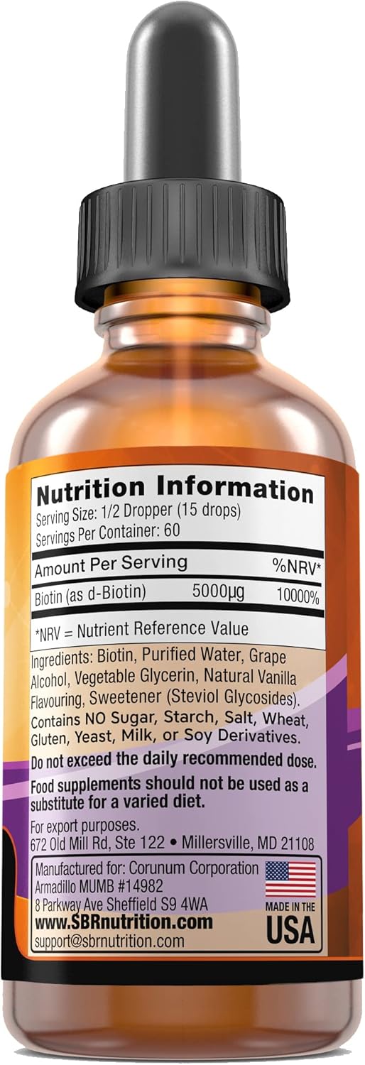 5000mcg Biotin Liquid Drops Vanilla Flavor 1.0Fl.oz - SBR Nutrition (60 Servings)