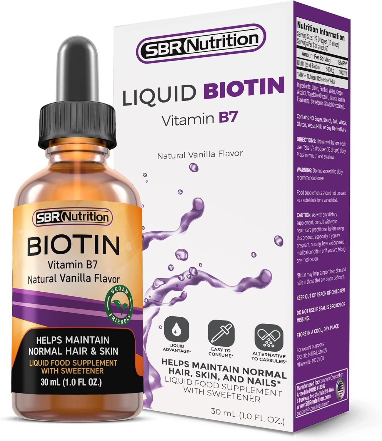 5000mcg Biotin Liquid Drops Vanilla Flavor 1.0Fl.oz - SBR Nutrition (60 Servings)