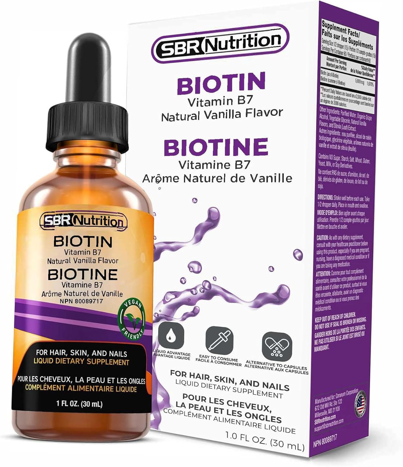 5000mcg Biotin Liquid Drops Vanilla Flavor 1.0Fl.oz - SBR Nutrition (60 Servings)