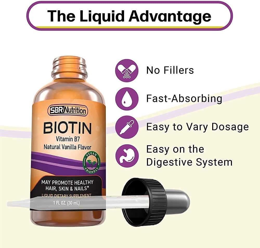 5000mcg Biotin Liquid Drops Vanilla Flavor 1.0Fl.oz - SBR Nutrition (60 Servings)