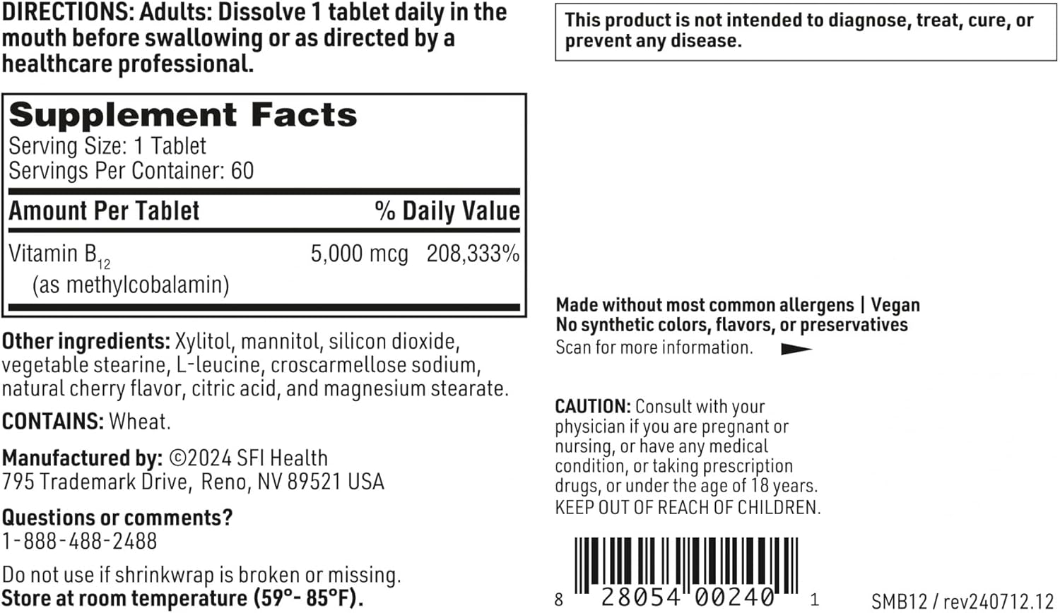 5000mcg Methylcobalamin Lozenges for Cognitive & Cardiovascular Support - Cherry Flavored, Hypoallergenic (60 Tablets)