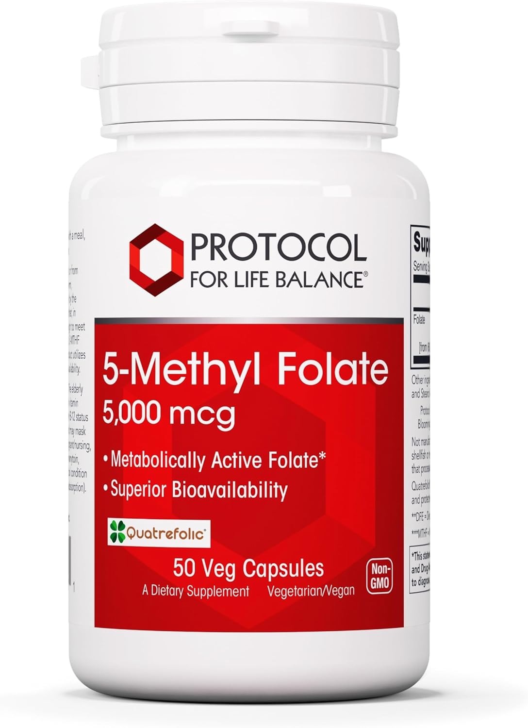 5,000mcg Protocol for Life Balance Methyl Folate: High Bioavailability Brain Support Supplement for Women & Men - Kosher & Vegan - 50 Veg Caps