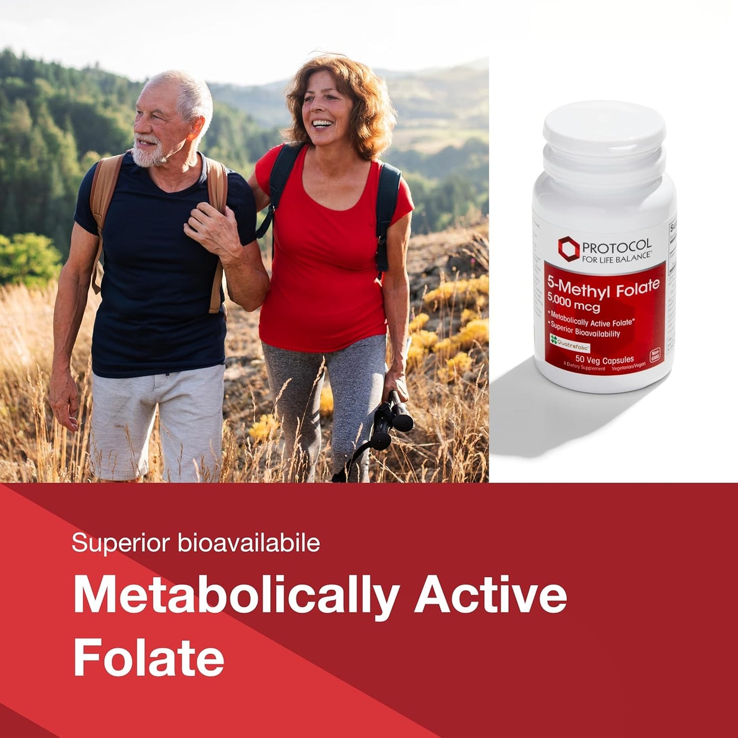 5,000mcg Protocol for Life Balance Methyl Folate: High Bioavailability Brain Support Supplement for Women & Men - Kosher & Vegan - 50 Veg Caps