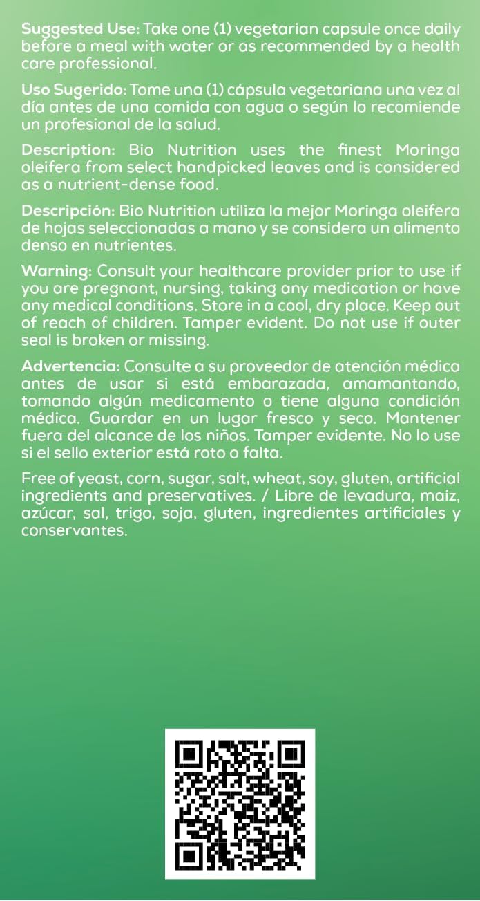 5000mg Bio Nutrition Moringa Capsules for Energy & Gut Health | 60 Vegetarian Capsules | Green Superfood & Multivitamin