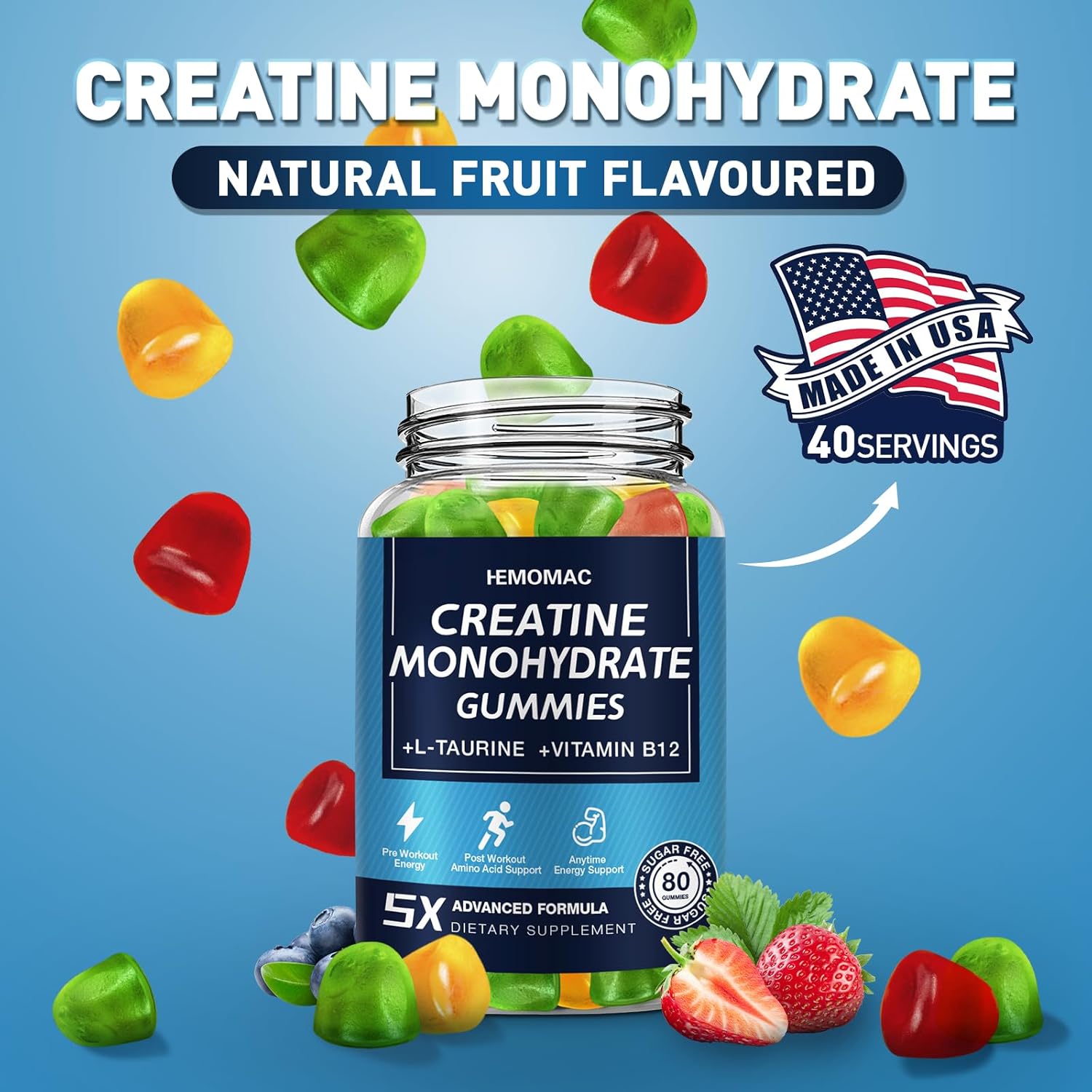 5000mg Creatine Monohydrate Gummies for Muscle Strength & Energy Boost - Vegan Workout Supplement for Men & Women - 1 Pack