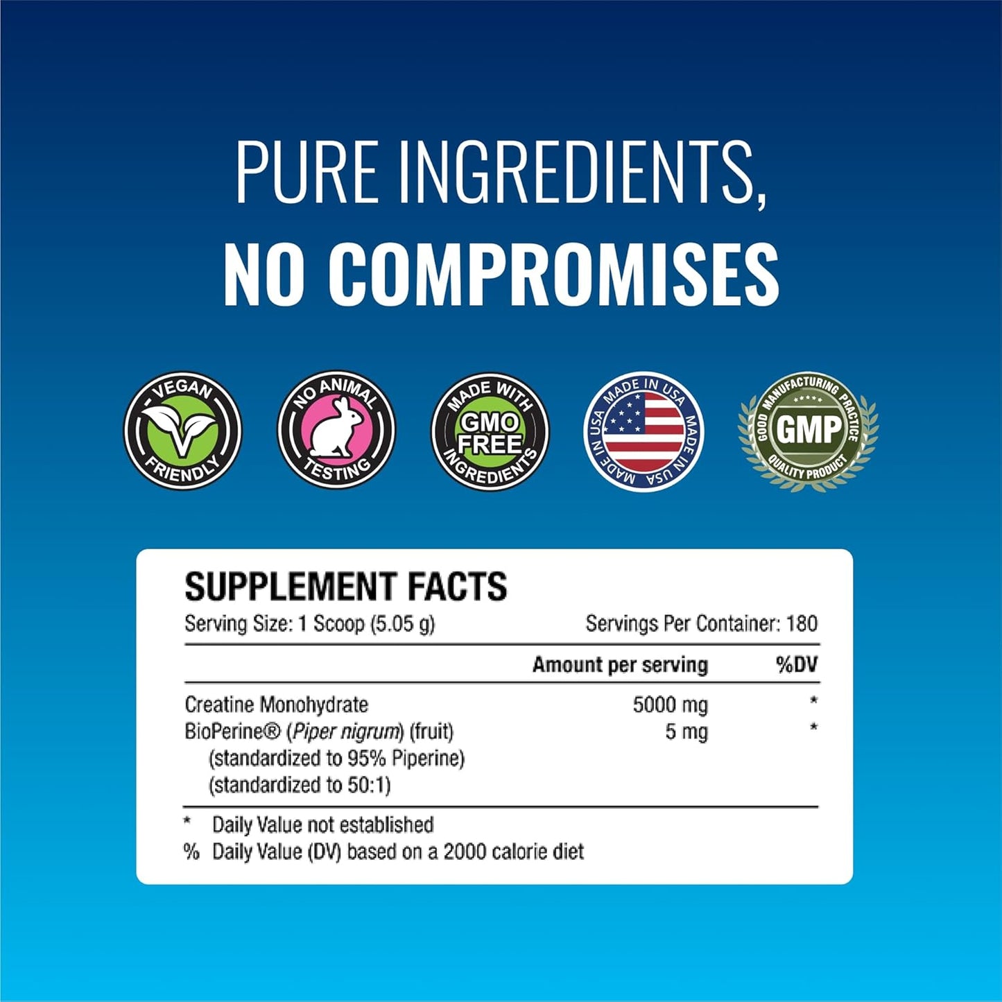 5000mg Creatine Monohydrate Powder with BioPerine - 360 Servings for Lean Muscle Growth and Recovery - Unflavored, Non-GMO, Vegan Formula