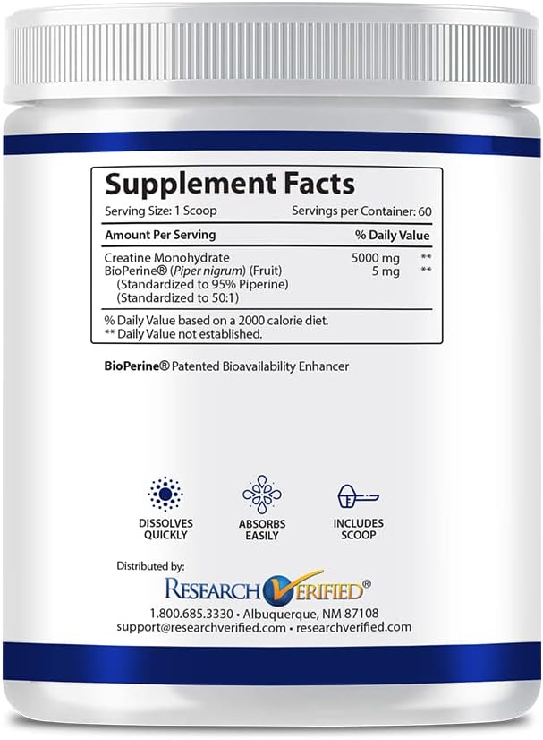 5000mg Creatine Monohydrate with BioPerine - Vegan, Unflavored - Enhance Muscle Growth & Performance - 60 Servings