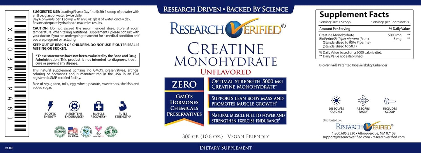 5000mg Creatine Monohydrate with BioPerine - Vegan, Unflavored - Enhance Muscle Growth & Performance - 60 Servings