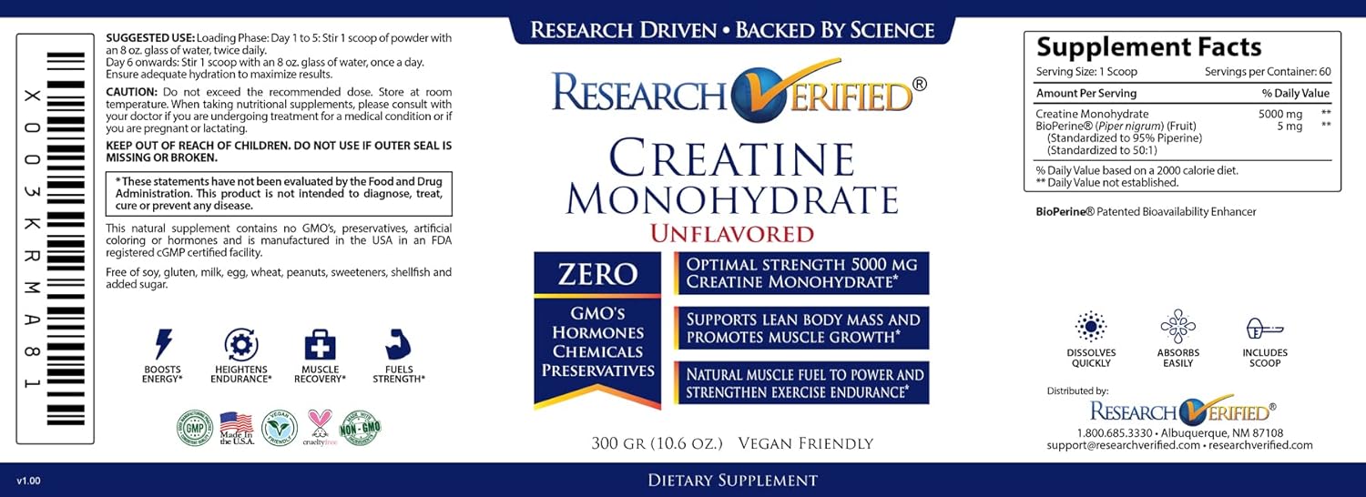 5000mg Creatine Monohydrate with BioPerine - Vegan, Unflavored - Enhance Muscle Growth & Performance - 60 Servings