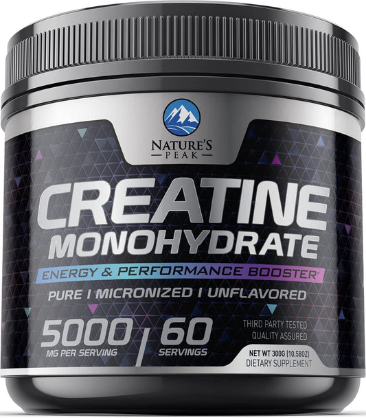5000mg Nature's Peak Pure Creatine Powder - Micronized Monohydrate for Muscle Growth & Strength - Unflavored, Vegan, Gluten-Free - 60 Servings
