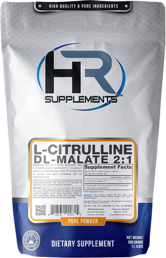 500g Hard Rhino L-Citrulline DL-Malate 2:1 Powder - Lab-Tested, Unflavored Supplement with Scoop
