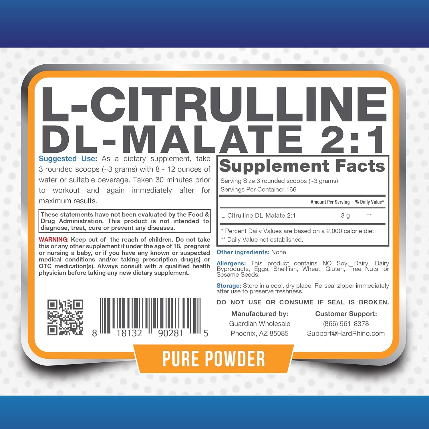 500g Hard Rhino L-Citrulline DL-Malate 2:1 Powder - Lab-Tested, Unflavored Supplement with Scoop