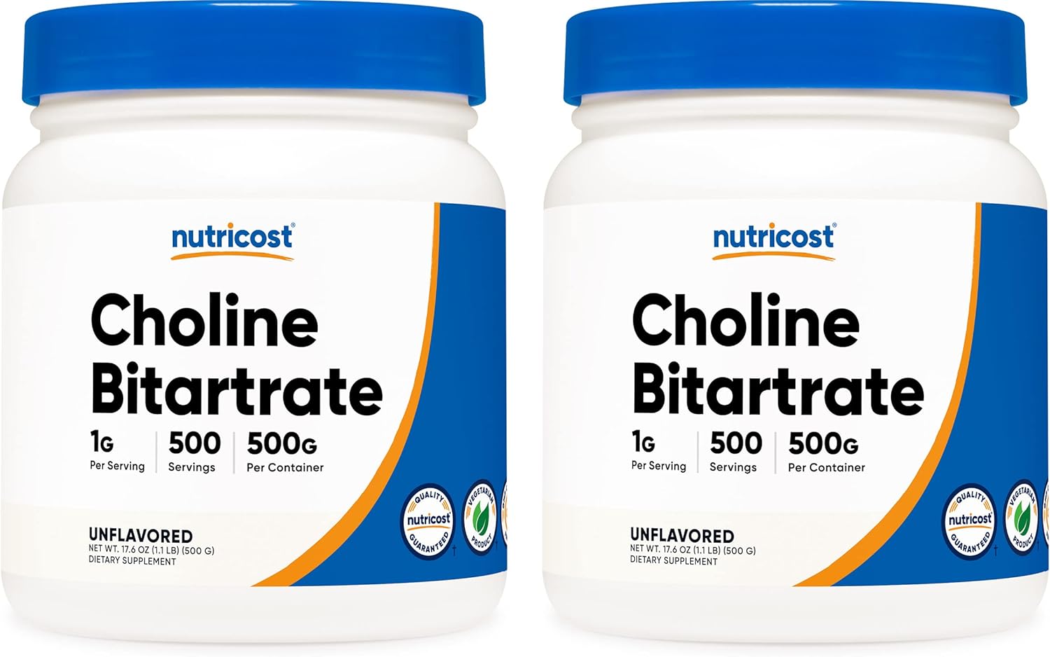 500G Nutricost Pure Choline Bitartrate Powder - Pack of 2 Bottles