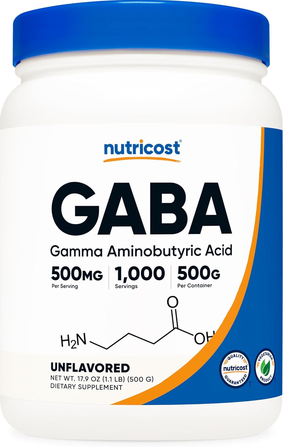 500g Nutricost Pure GABA Powder (Gamma Aminobutyric Acid) - 500g/1.1lbs Jar