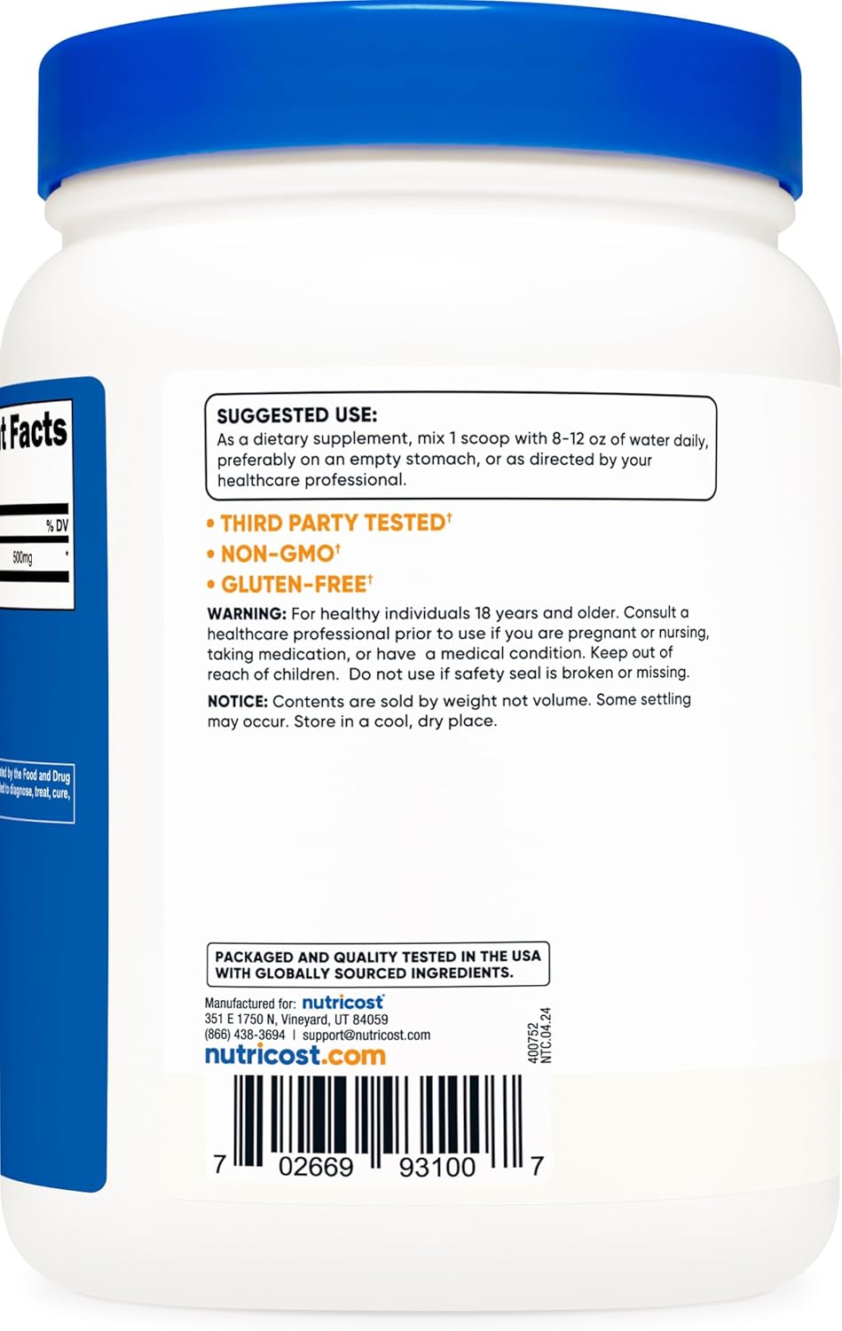 500g Nutricost Pure GABA Powder (Gamma Aminobutyric Acid) - 500g/1.1lbs Jar