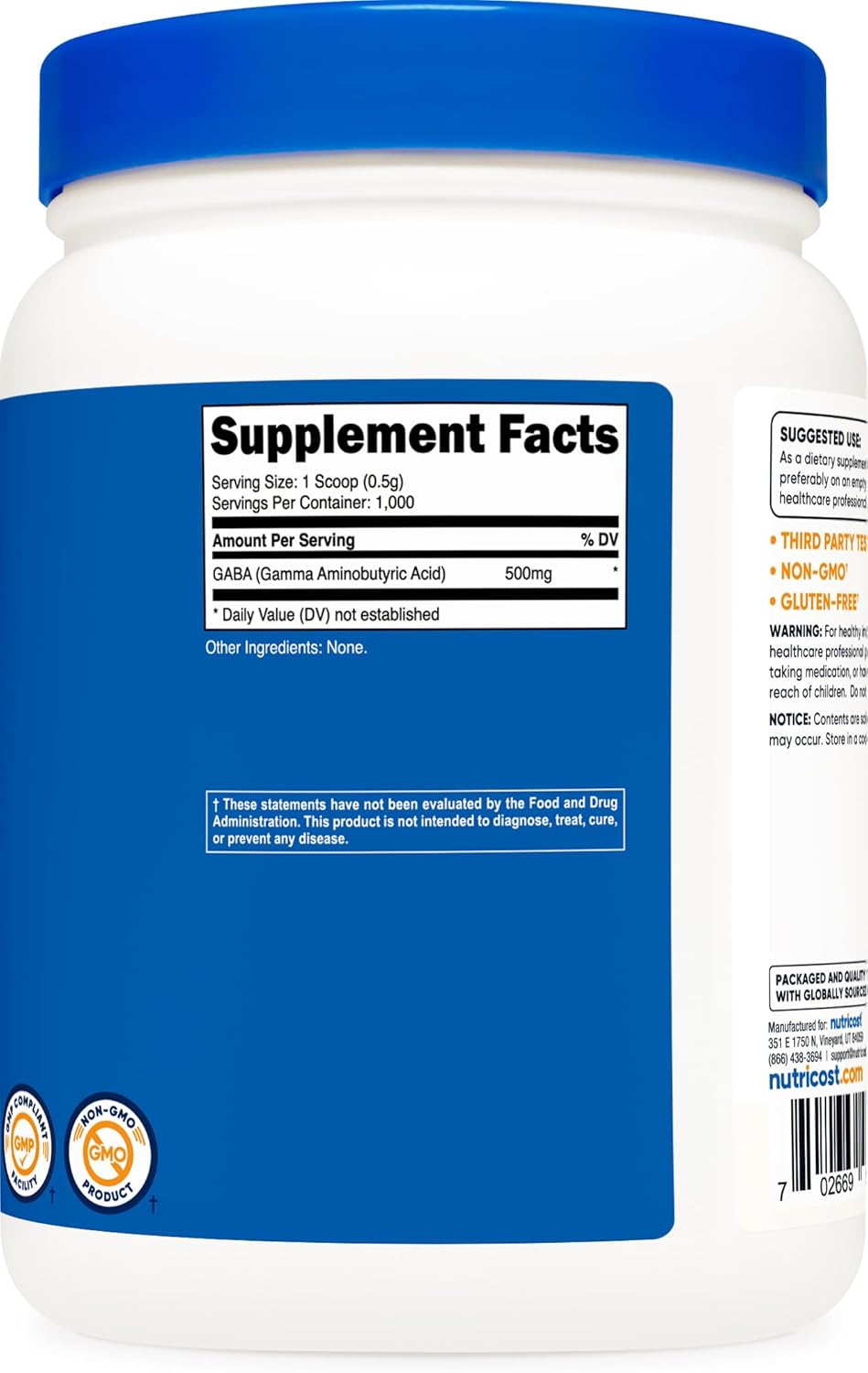 500g Nutricost Pure GABA Powder (Gamma Aminobutyric Acid) - 500g/1.1lbs Jar