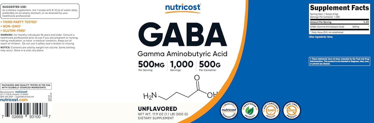 500g Nutricost Pure GABA Powder (Gamma Aminobutyric Acid) - 500g/1.1lbs Jar