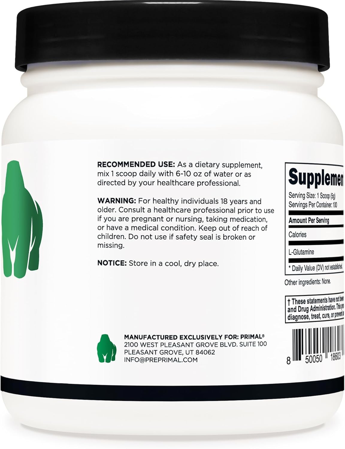 500g Primal L-Glutamine Powder - Unflavored Amino Acid for Sports Performance - Gluten Free, Non-GMO Supplement
