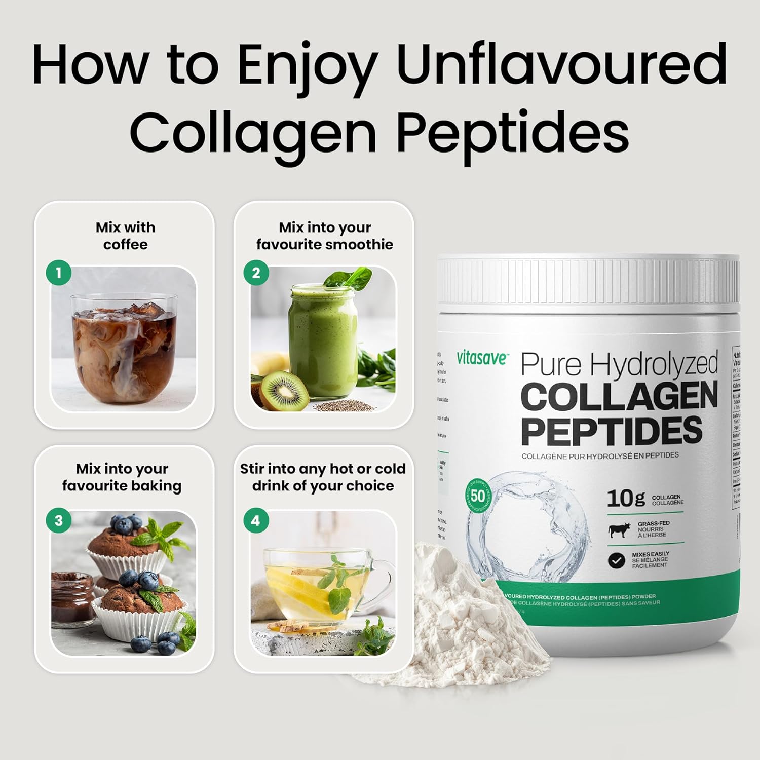 500g Vitasave Pure Collagen Peptides Powder - Grass Fed, Unflavoured - 20g per Serving - Enhanced Collagen Supplement