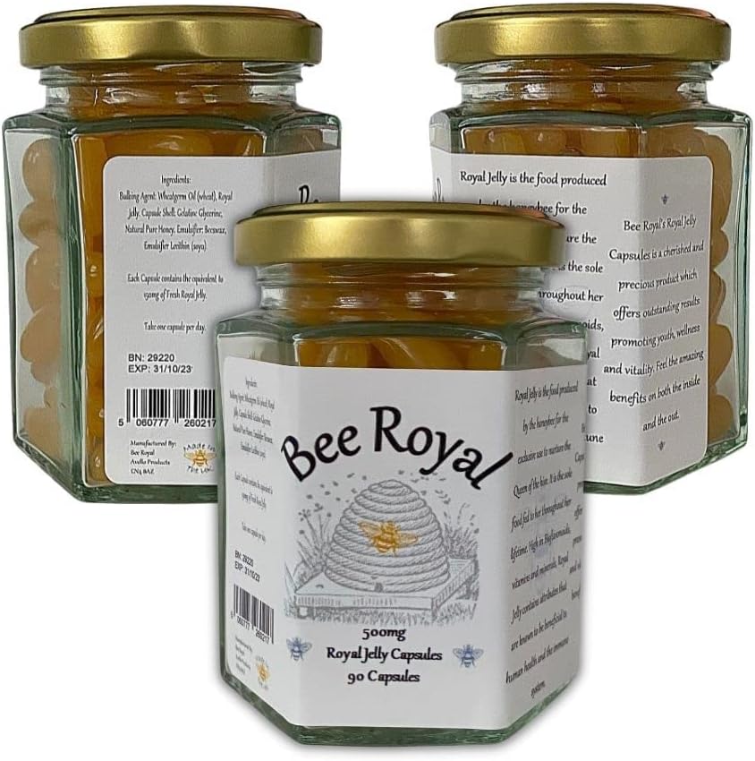 500mg Bee Royal Fresh Royal Jelly Capsules - 90 Capsules of 100% Fresh Queen's Jelly - Boosts Immune System, Energy, Fertility - Reduces Fatigue & Tiredness