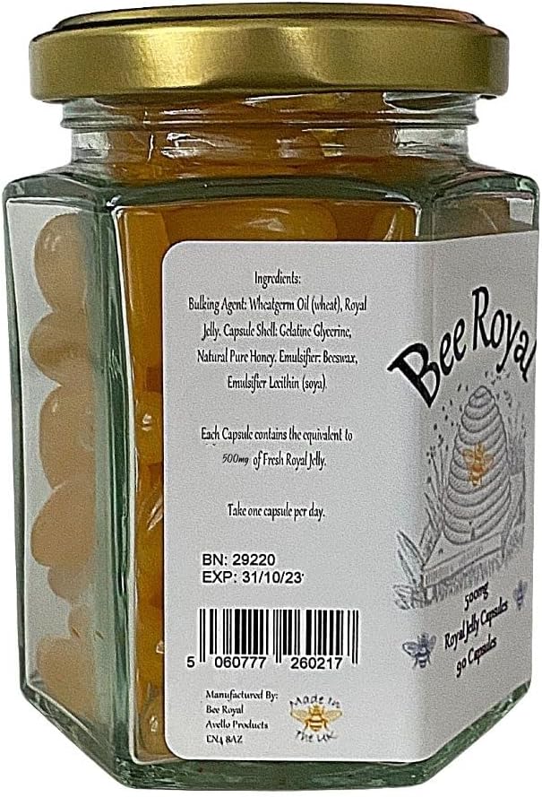 500mg Bee Royal Fresh Royal Jelly Capsules - 90 Capsules of 100% Fresh Queen's Jelly - Boosts Immune System, Energy, Fertility - Reduces Fatigue & Tiredness