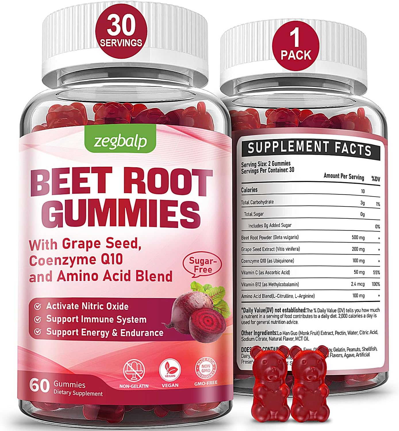 500mg Beet Root Gummies with CoQ10, Grape Seed & Vitamin C - Sugar Free Antioxidant & Energy Support for Men & Women