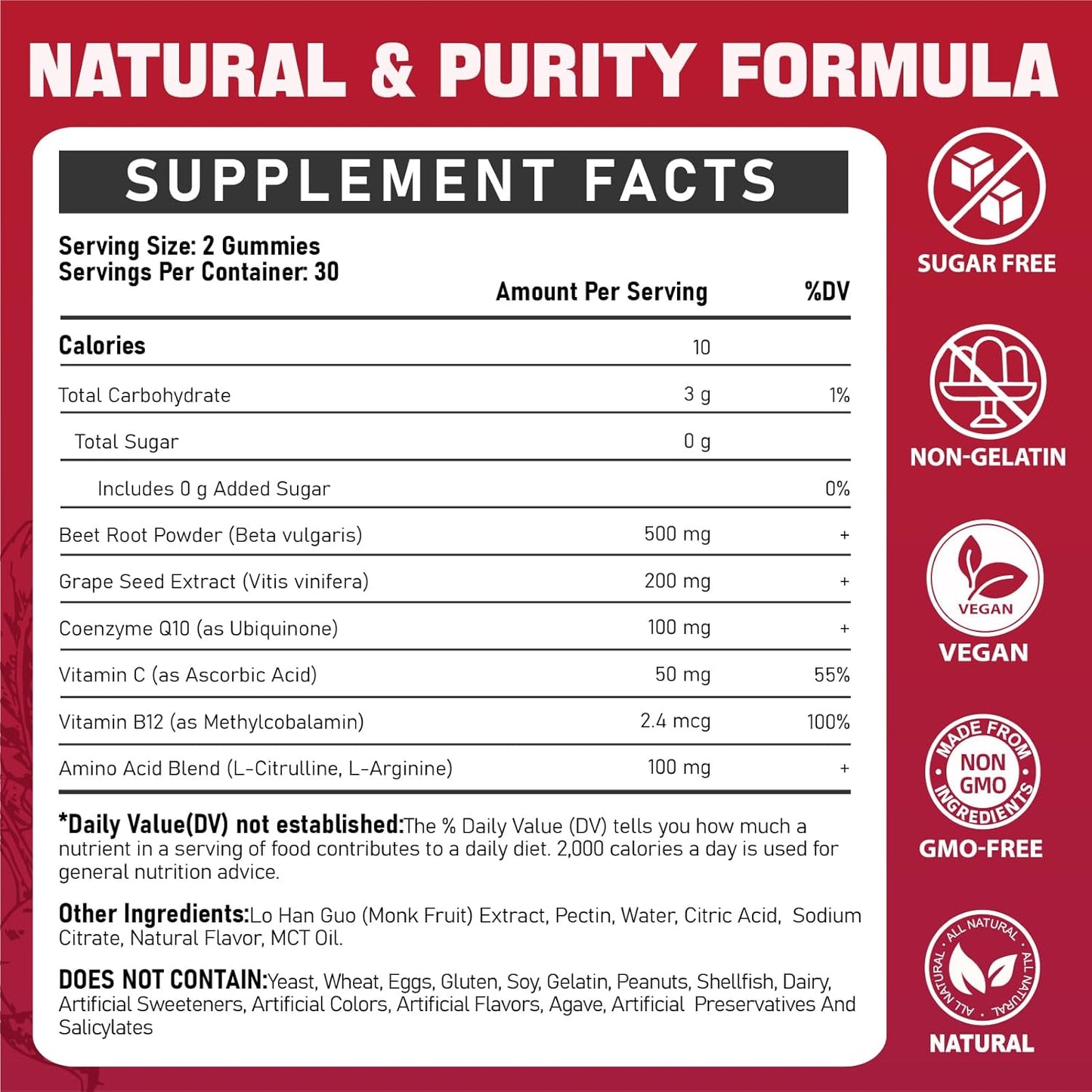 500mg Beet Root Gummies with CoQ10, Grape Seed & Vitamin C - Sugar Free Antioxidant & Energy Support for Men & Women