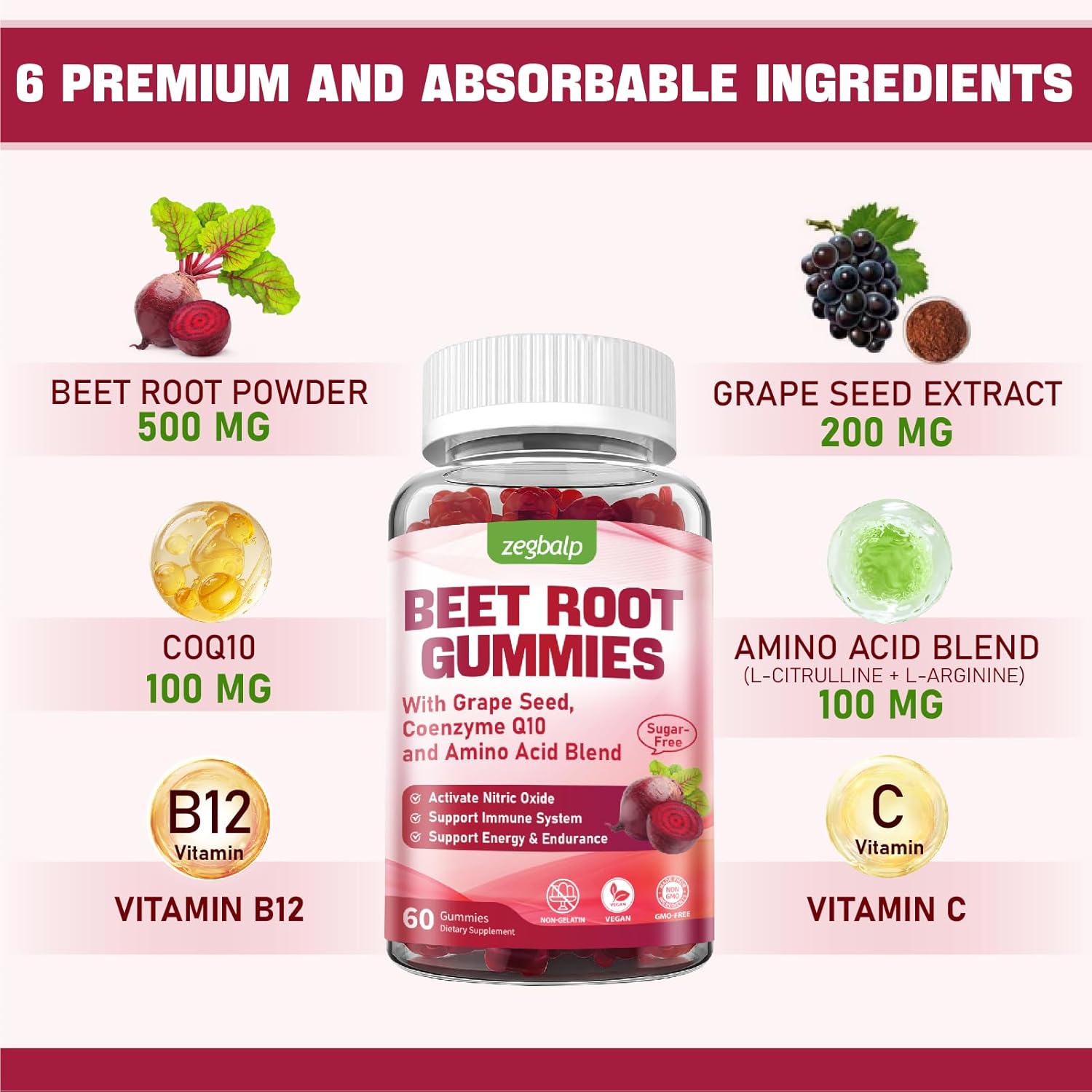 500mg Beet Root Gummies with CoQ10, Grape Seed & Vitamin C - Sugar Free Antioxidant & Energy Support for Men & Women