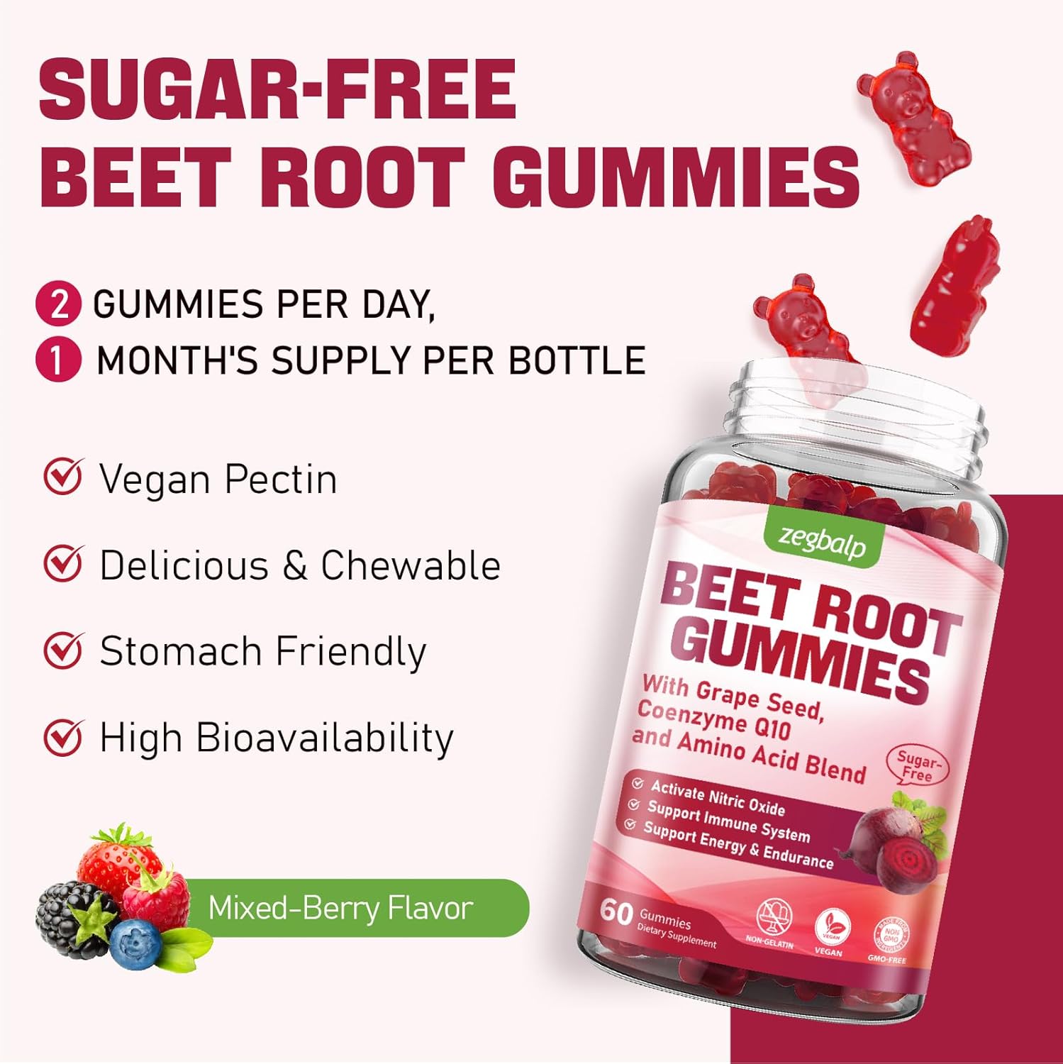 500mg Beet Root Gummies with CoQ10, Grape Seed & Vitamin C - Sugar Free Antioxidant & Energy Support for Men & Women