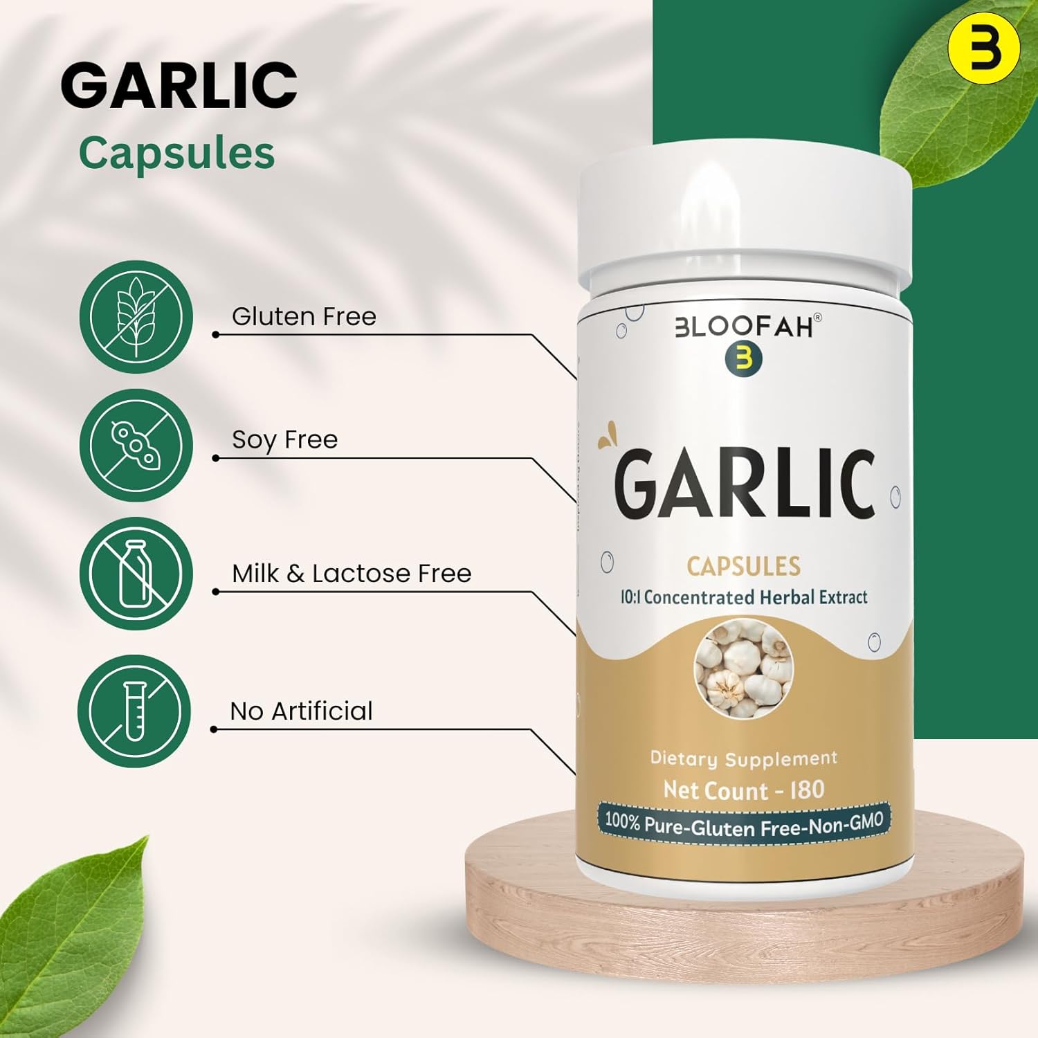 500mg Bloofah Garlic Capsules | 10:1 Concentrated Extract | Natural Garlic Supplement | Non-GMO, Gluten-Free | Easy-to-Swallow | 180 Count Pack