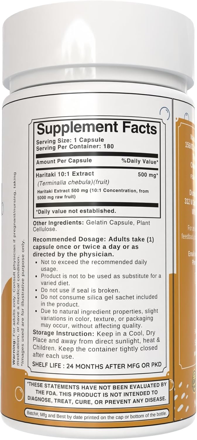 500mg Bloofah Haritaki Fruit Capsules | 10:1 Extract Natural Haritaki Powder | Non-GMO, Gluten-Free | Herbal Supplement (180 Count)