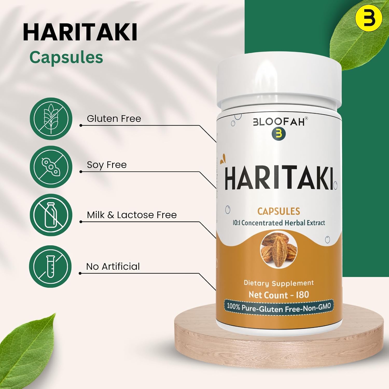 500mg Bloofah Haritaki Fruit Capsules | 10:1 Extract Natural Haritaki Powder | Non-GMO, Gluten-Free | Herbal Supplement (180 Count)