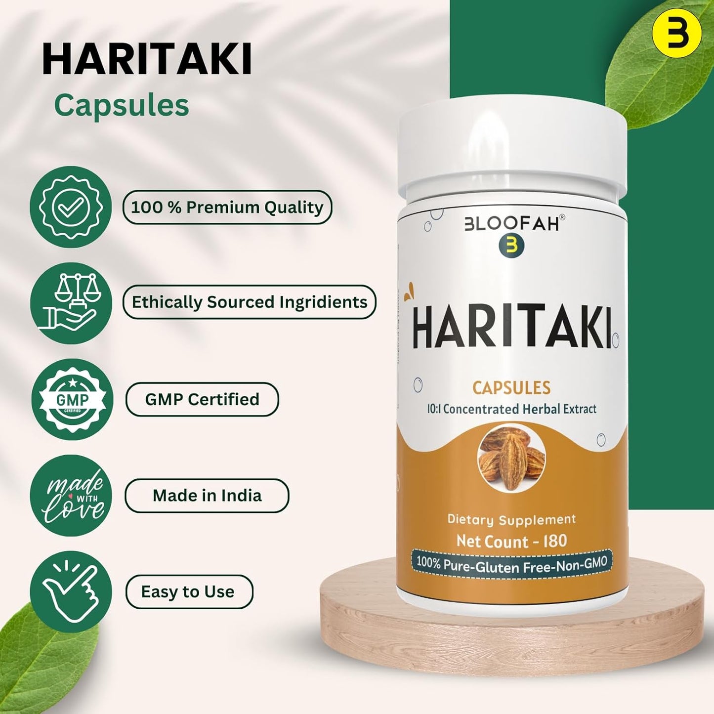 500mg Bloofah Haritaki Fruit Capsules | 10:1 Extract Natural Haritaki Powder | Non-GMO, Gluten-Free | Herbal Supplement (180 Count)