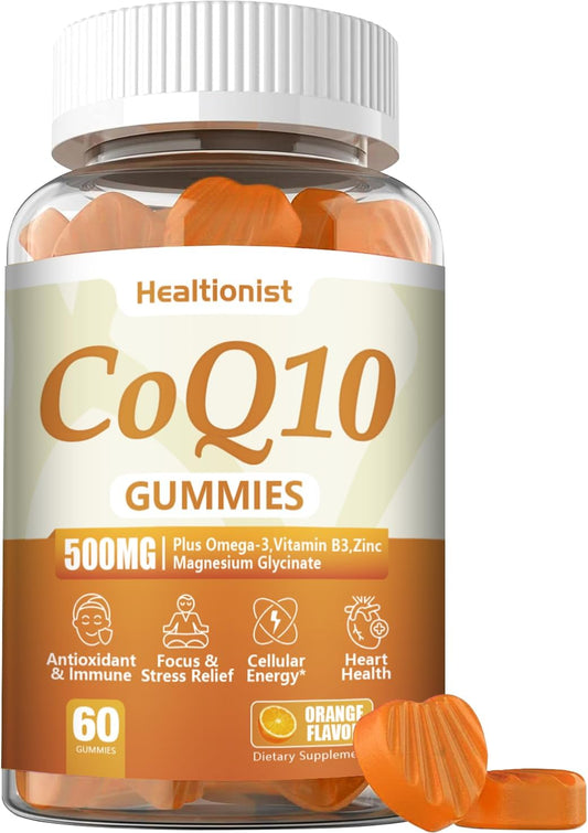 500MG CoQ10 Gummies with Omega-3, Magnesium, Vitamin B3 & Zinc - Heart Health Supplement for Energy & Antioxidant Support - Vegan, 60 Count Pack