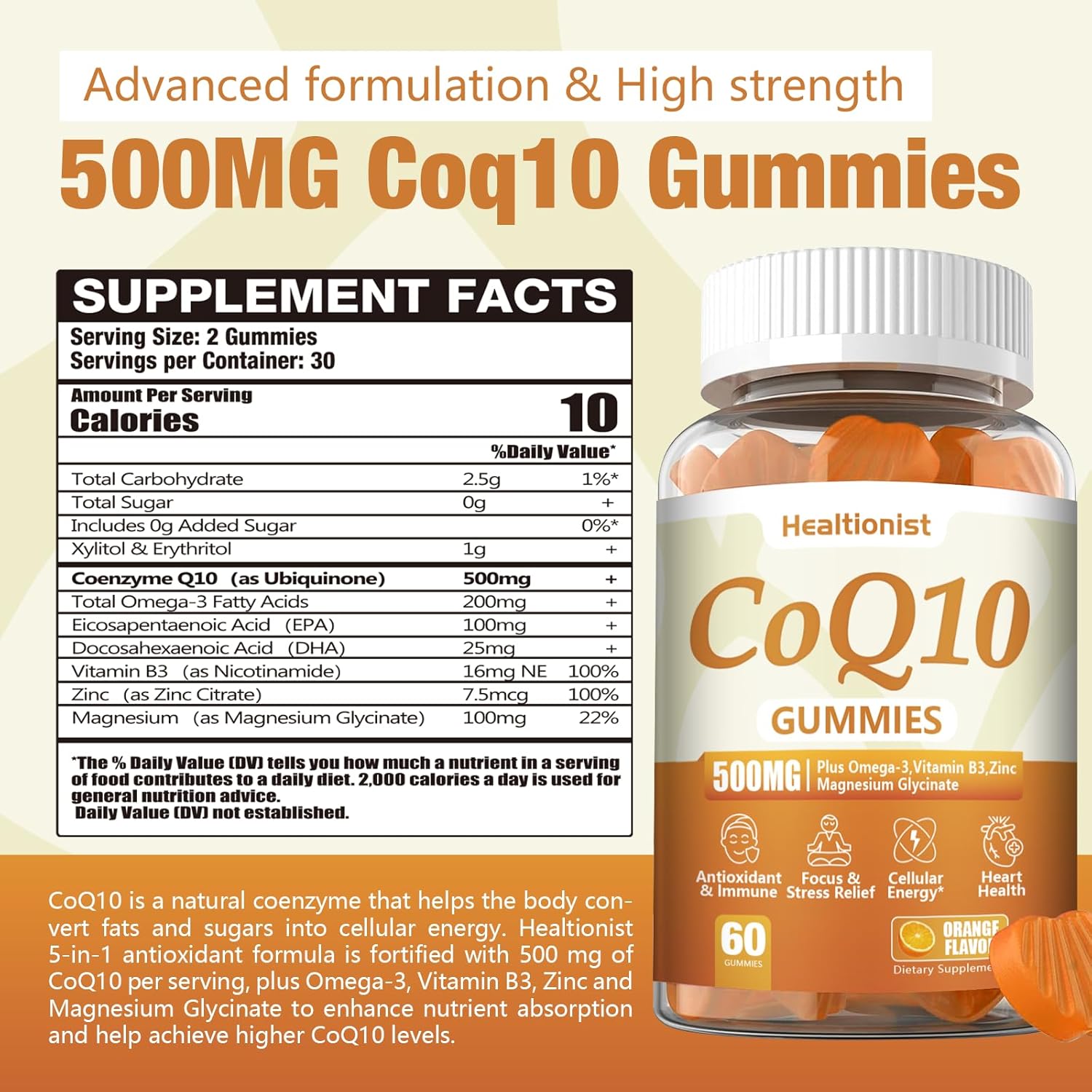 500MG CoQ10 Gummies with Omega-3, Magnesium, Vitamin B3 & Zinc - Heart Health Supplement for Energy & Antioxidant Support - Vegan, 60 Count Pack