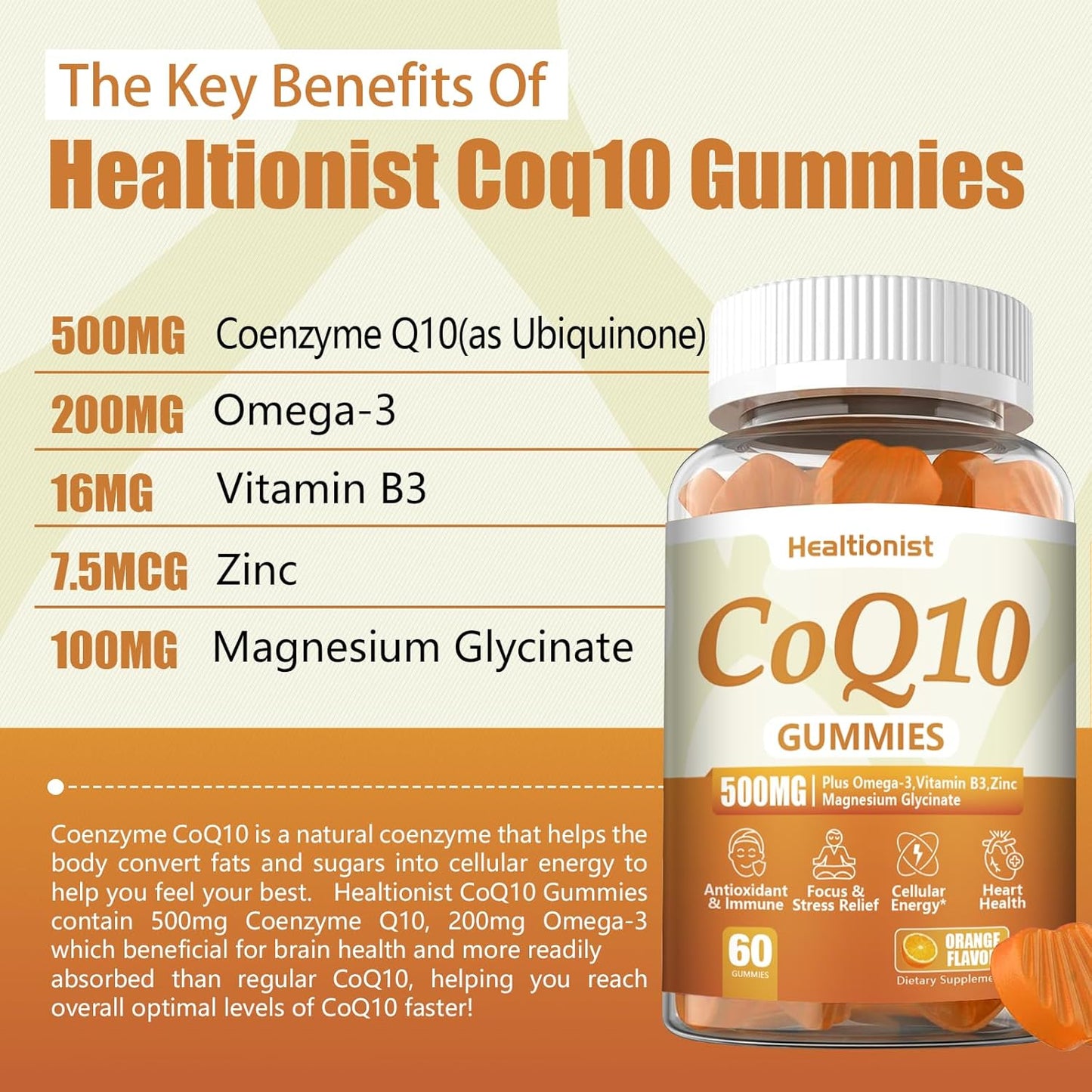 500MG CoQ10 Gummies with Omega-3, Magnesium, Vitamin B3 & Zinc - Heart Health Supplement for Energy & Antioxidant Support - Vegan, 60 Count Pack