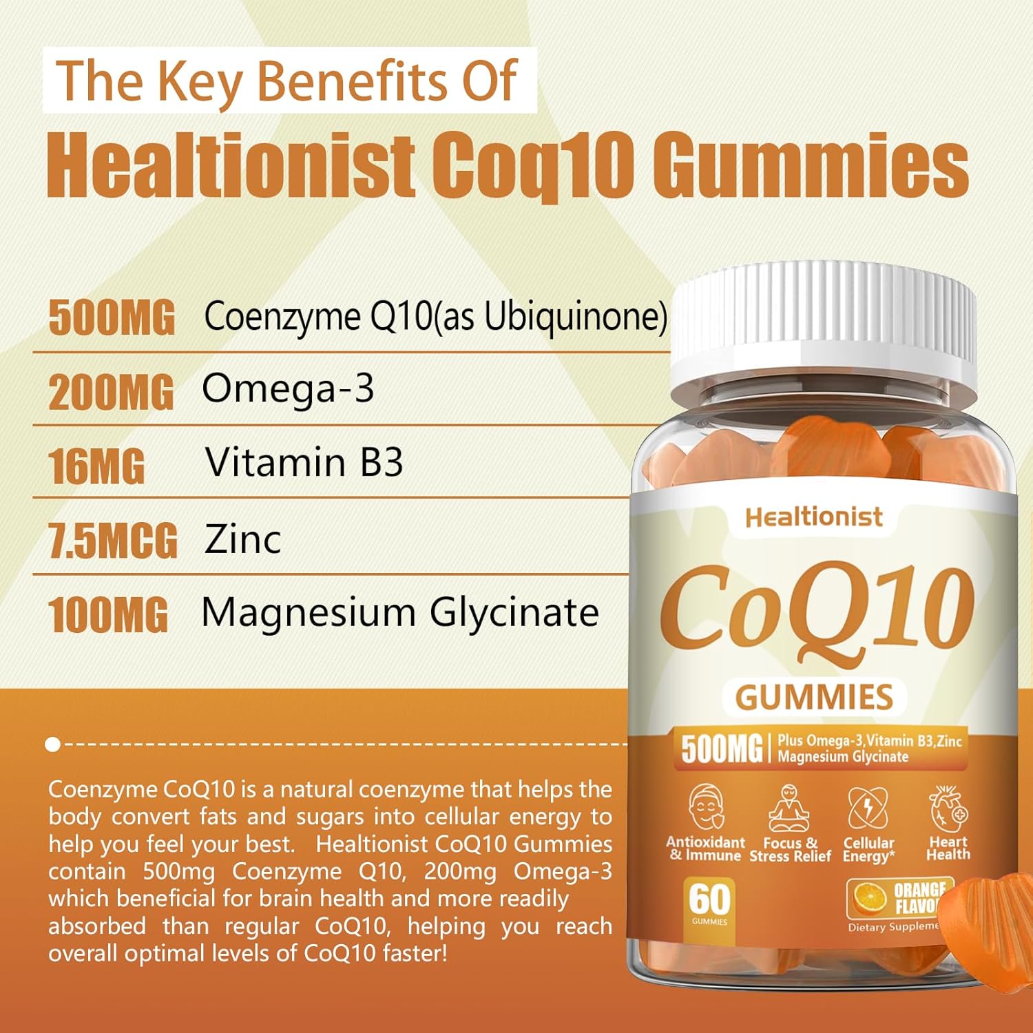 500MG CoQ10 Gummies with Omega-3, Magnesium, Vitamin B3 & Zinc - Heart Health Supplement for Energy & Antioxidant Support - Vegan, 60 Count Pack