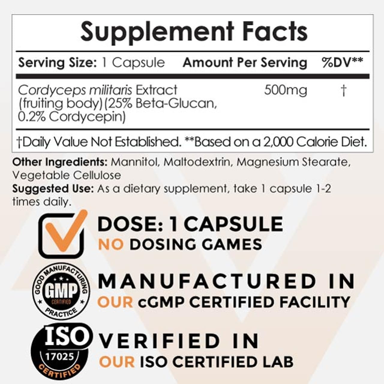 500mg Cordyceps Mushroom Capsules - 60 Count | Whole Fruiting Body Extract | Supports Immune Health | Nootropics Depot