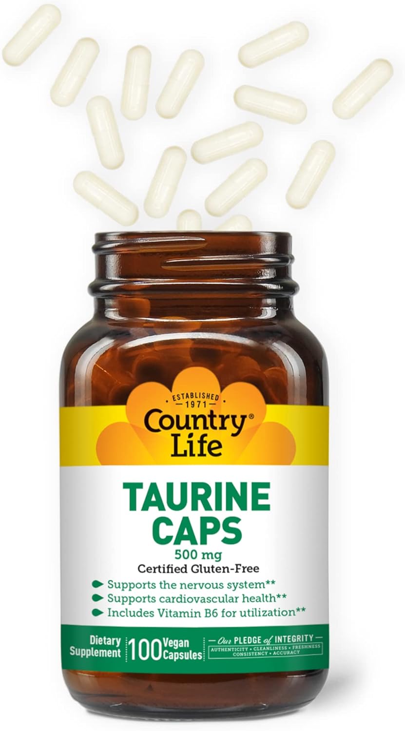 500mg Country Life Taurine Supplement - Promotes Cardiovascular & Nervous System Health - 100 Capsules