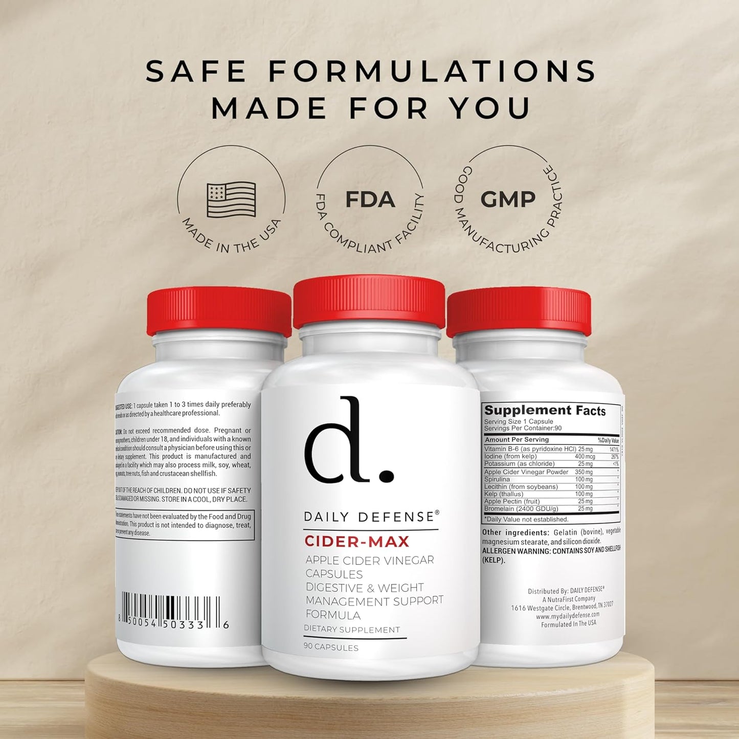 500mg Daily Defense Apple Cider Vinegar Capsules with Vitamin B6, Iodine & Spirulina - Supports Gut Health, Weight Management, Digestion & Energy