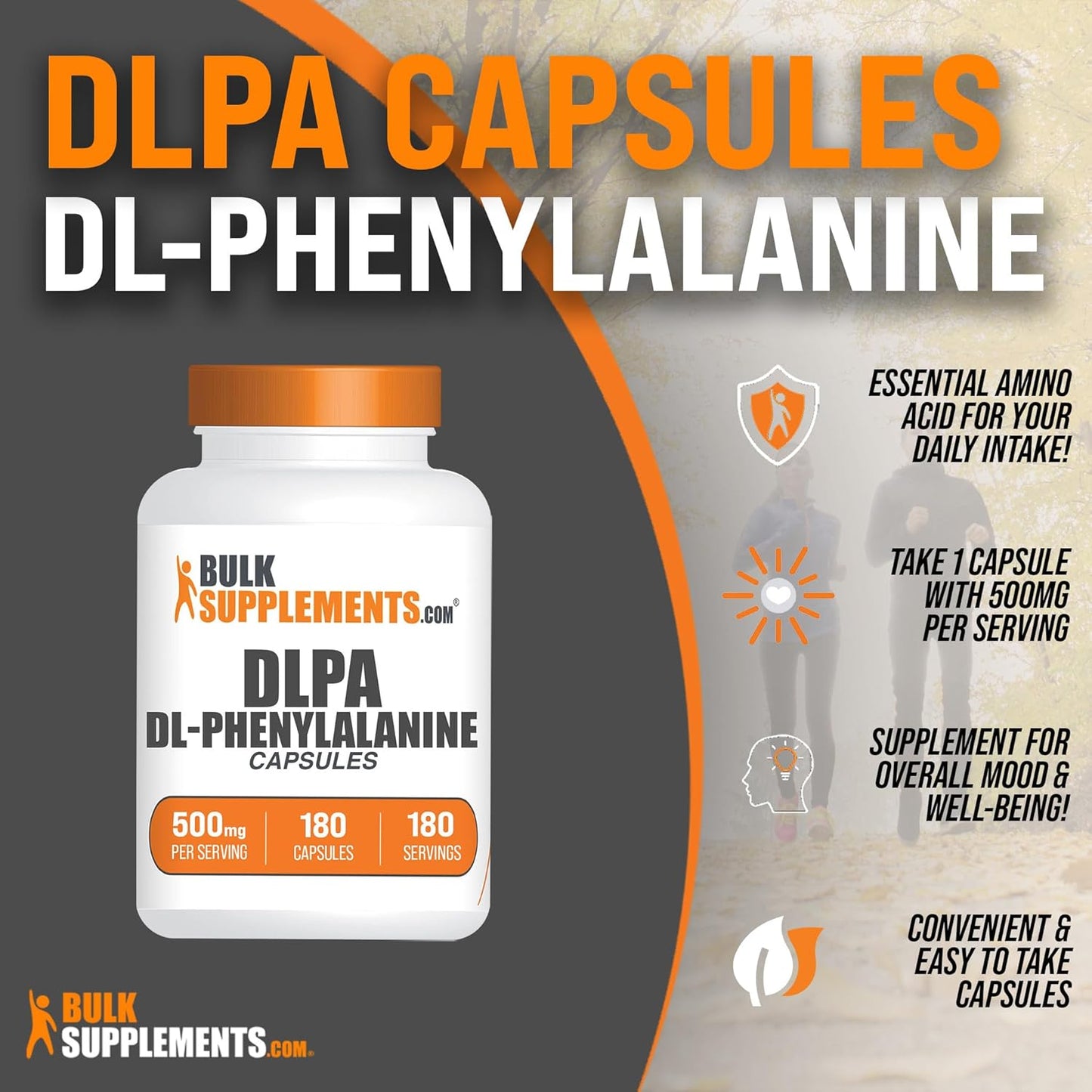 500mg DL-Phenylalanine Capsules - DLPA Supplements for Amino Acid Support - Gluten-Free, 180 Capsules
