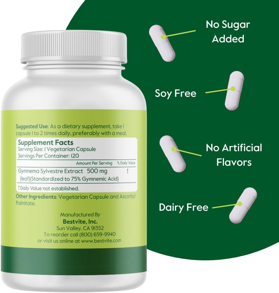 500mg Gymnema Sylvestre Capsules (240 ct) - 75% Gymnemic Acid - Vegan, Non-GMO, Gluten Free - No Stearates, Fillers, Flow Agents