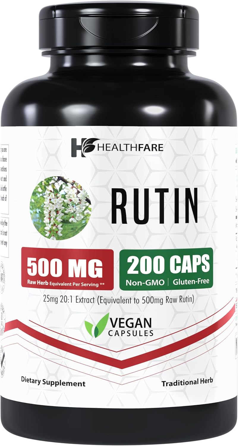 500mg Healthfare Rutin Supplement - 200 Veg Capsules with Rutoside Bioflavonoid - Non-GMO & Vegetarian - Made in USA