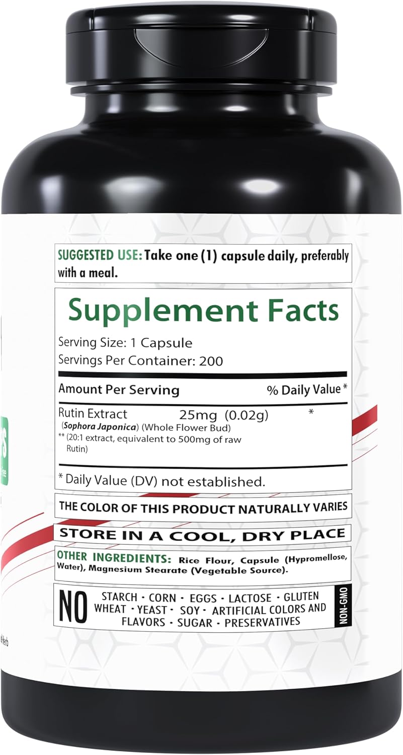 500mg Healthfare Rutin Supplement - 200 Veg Capsules with Rutoside Bioflavonoid - Non-GMO & Vegetarian - Made in USA